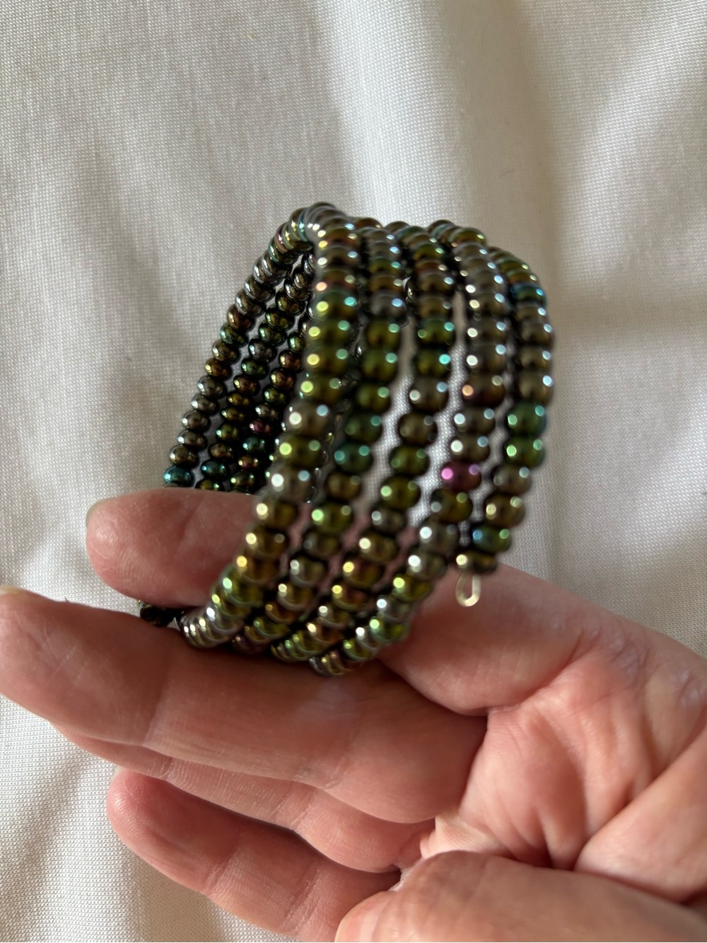 Iridescent Green Multi-Row Beaded Coil Bracelet - Unbranded